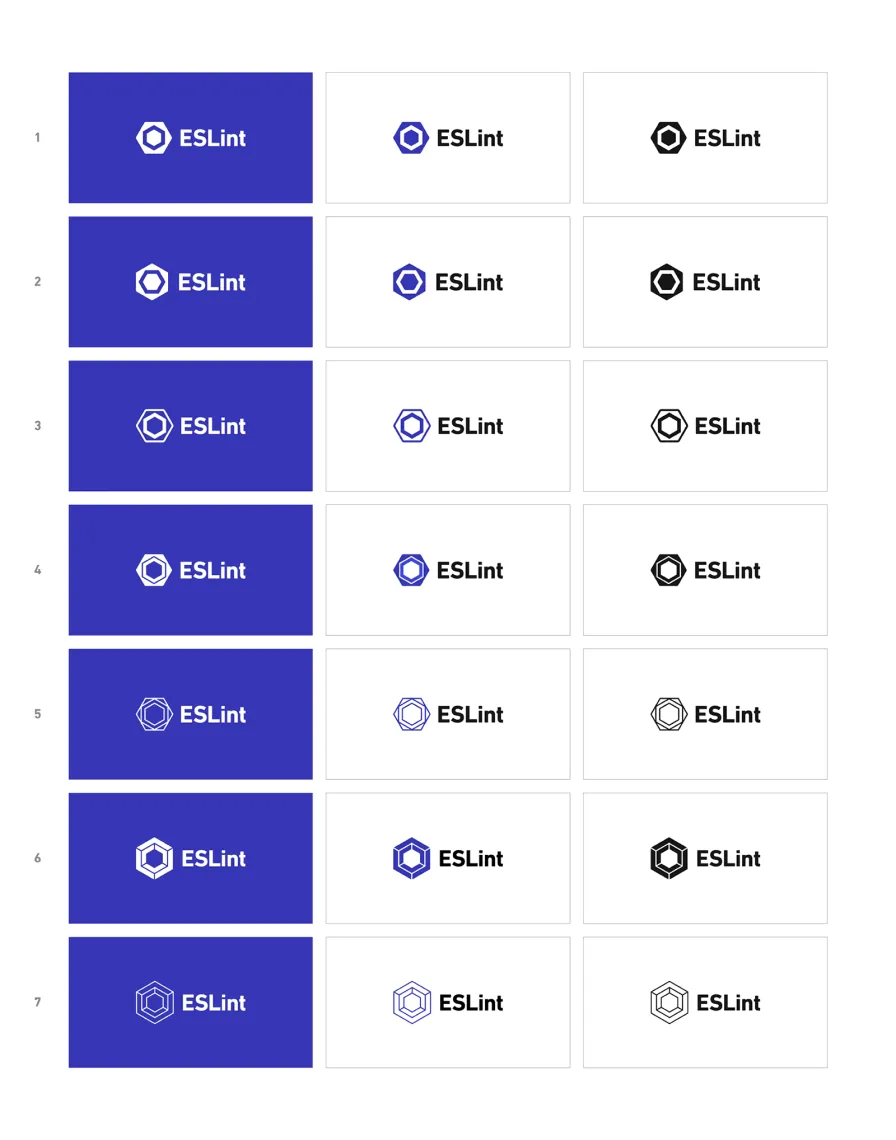 Seven ESLint logo proposals, each shown in purple, monochrome, and reversed color variants. The first proposal is closest to the final logo.