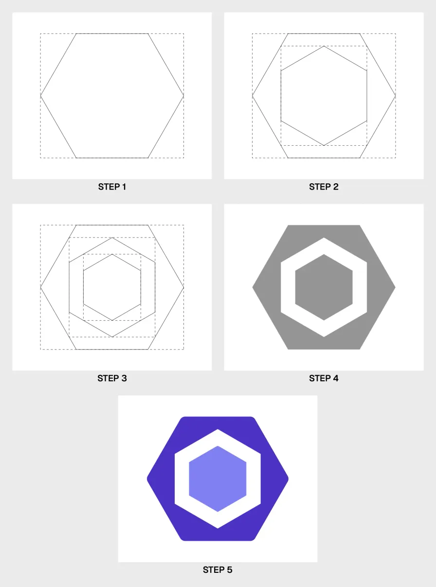 Five-step construction diagram showing the ESLint logo built from rotated hexagons and rectangles